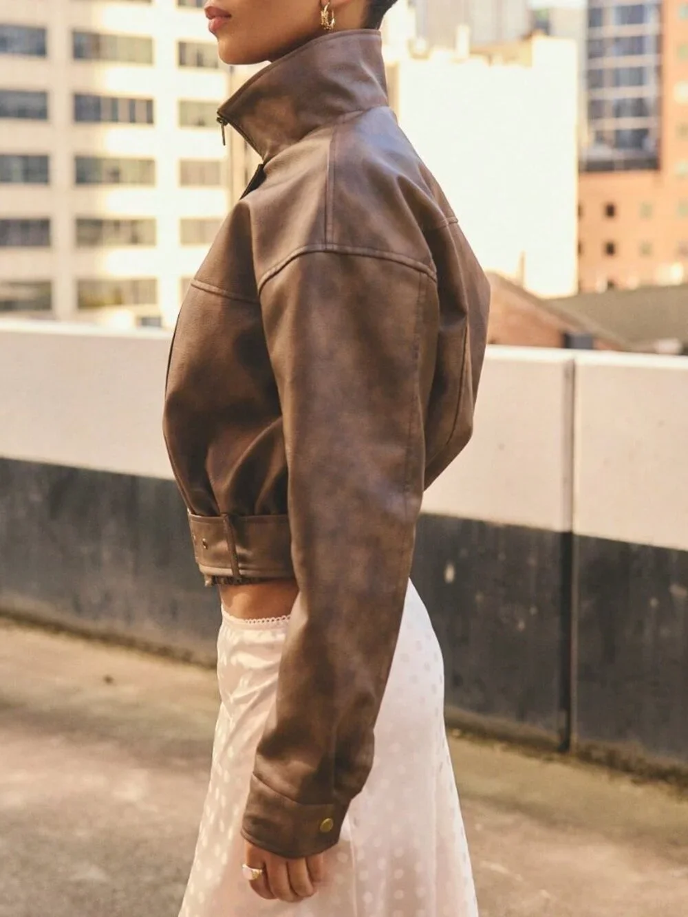 Rust Brown Casual Women's Funnel Neck Faux Leather Jacket With Buckle Belt